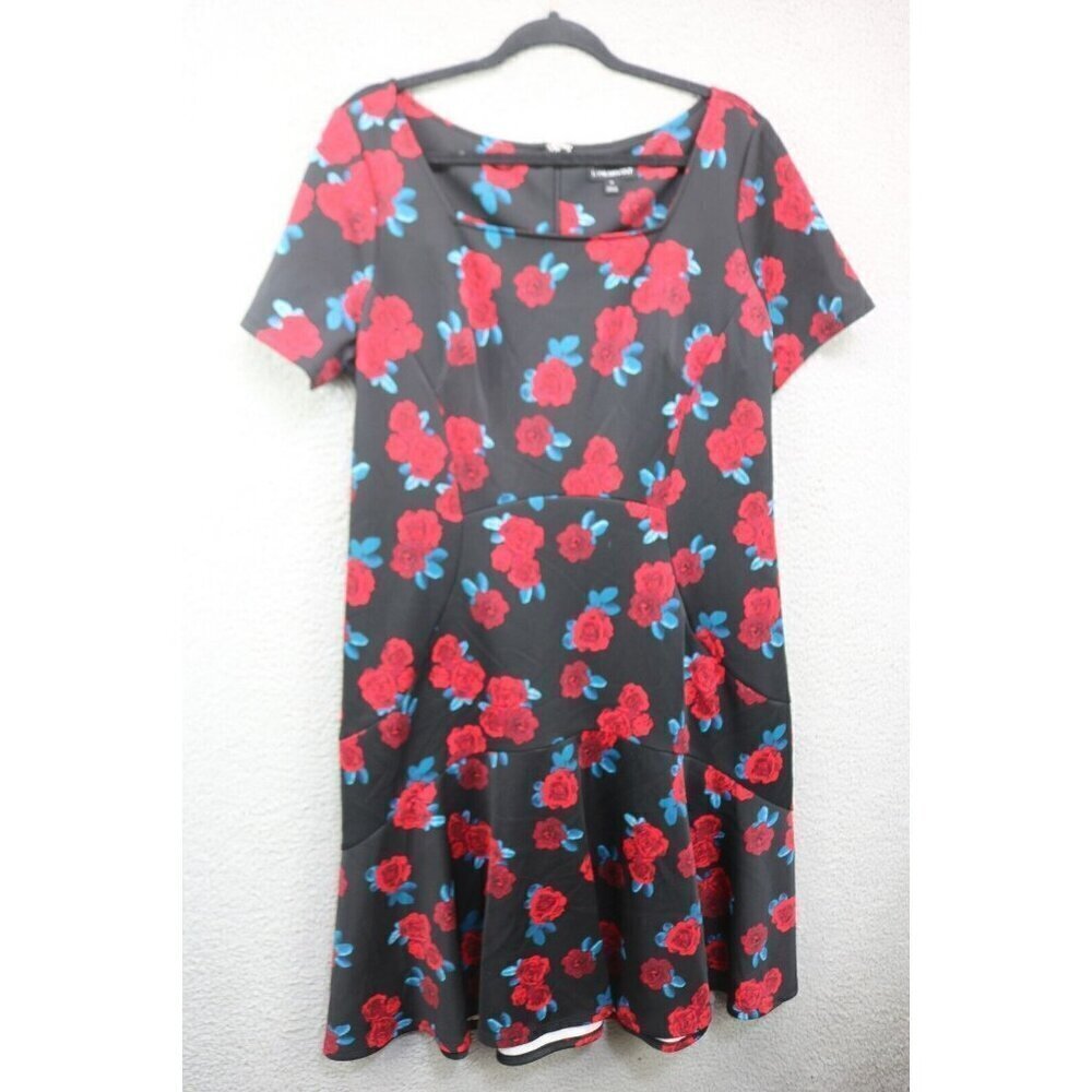 Lane Bryant Black w/Roses Fit and Flare Midi Dress-Size 14-Whimsigoth
